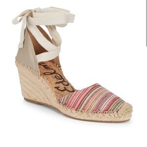 Sam Edelman Multicolor Striped Canvas Espadrille Wedge with Cream Ankle Tie